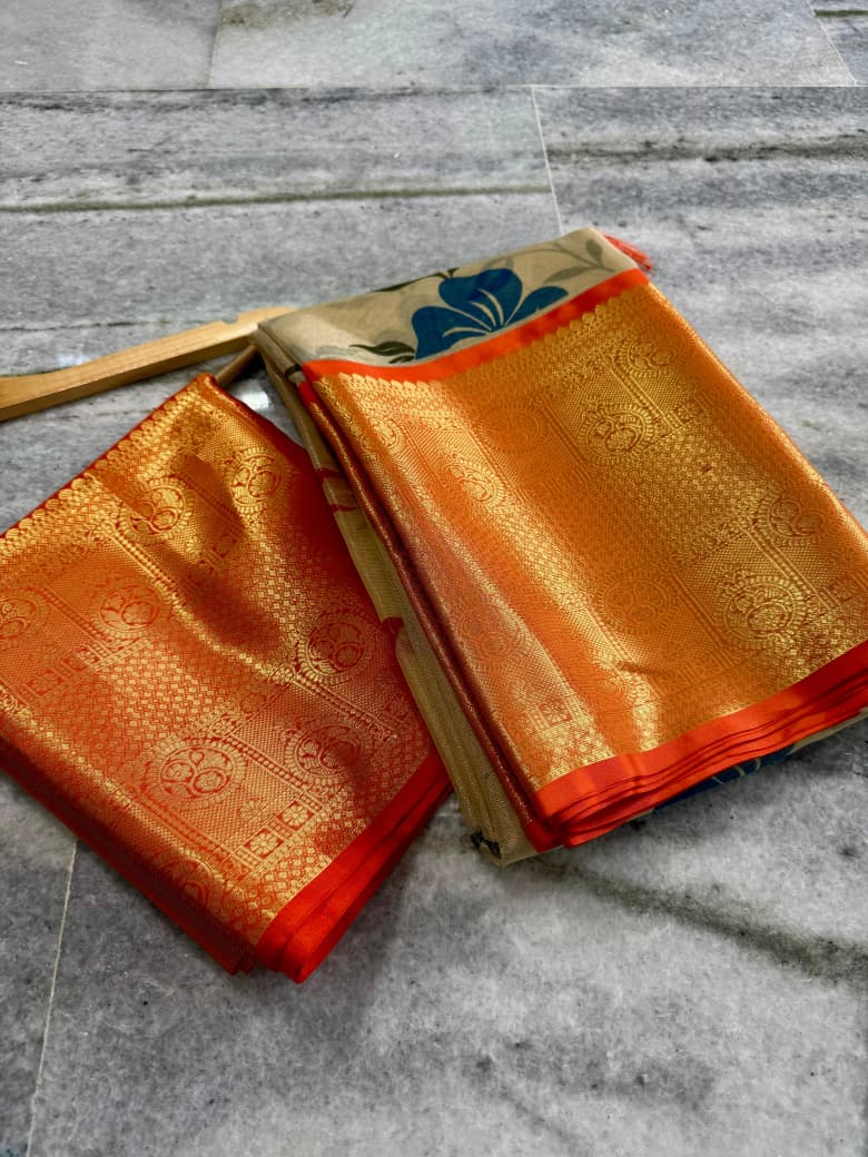 Banarasi Zari Tissue Silk Saree with Kanchi Border & Hand-Painted floral - BZTCO1