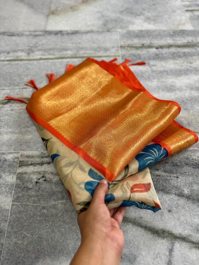 Banarasi Zari Tissue Silk Saree with Kanchi Border & Hand-Painted floral - BZTCO1