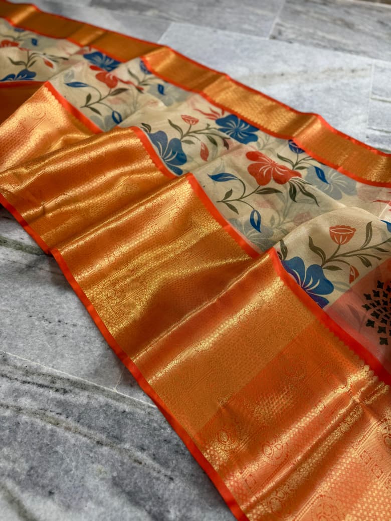 Banarasi Zari Tissue Silk Saree with Kanchi Border & Hand-Painted floral - BZTCO1