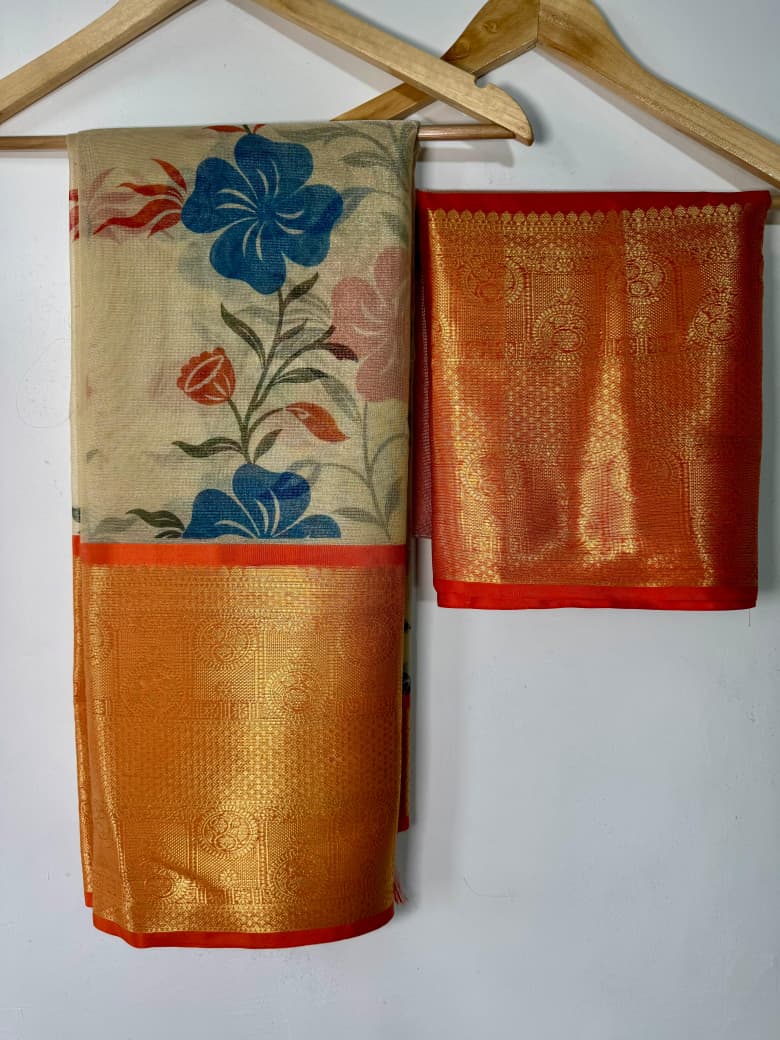 Banarasi Zari Tissue Silk Saree with Kanchi Border & Hand-Painted floral - BZTCO1
