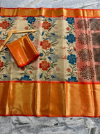 Banarasi Zari Tissue Silk Saree with Kanchi Border & Hand-Painted floral - BZTCO1