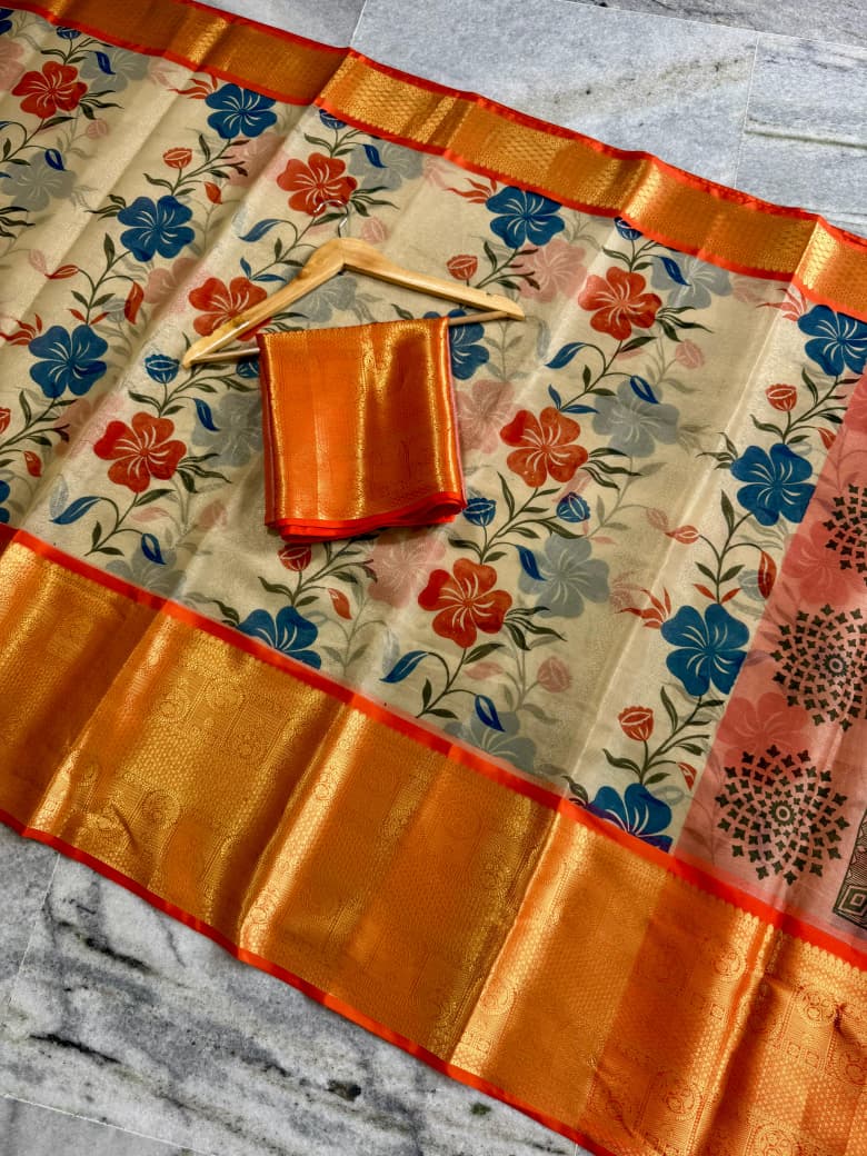 Banarasi Zari Tissue Silk Saree with Kanchi Border & Hand-Painted floral - BZTCO1