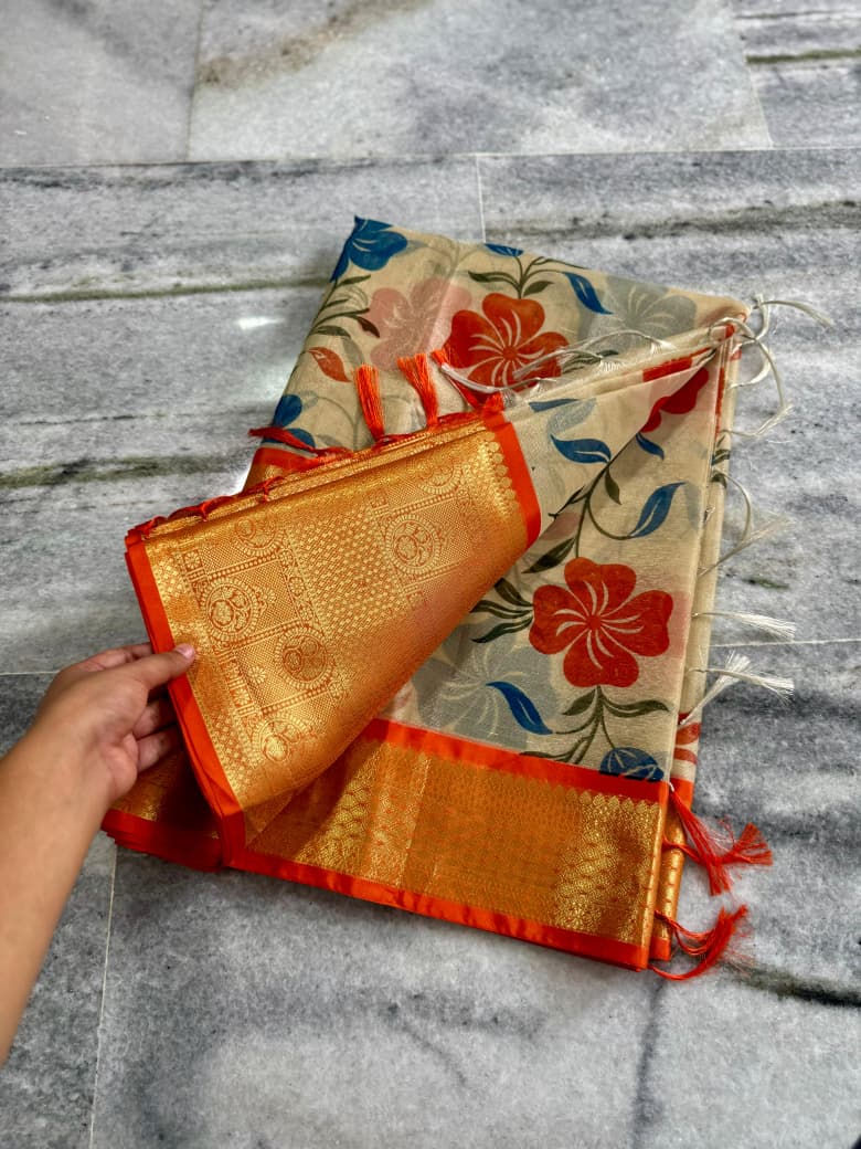 Banarasi Zari Tissue Silk Saree with Kanchi Border & Hand-Painted floral - BZTCO1