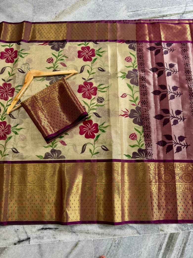Banarasi Zari Tissue Silk Saree with Kanchi Border & Hand-Painted floral - BZTCBR1