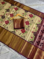 Banarasi Zari Tissue Silk Saree with Kanchi Border & Hand-Painted floral - BZTCBR1
