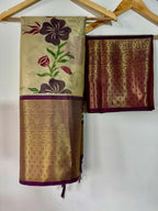 Banarasi Zari Tissue Silk Saree with Kanchi Border & Hand-Painted floral - BZTCBR1
