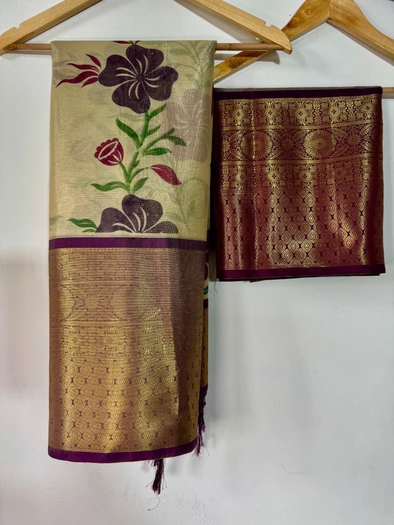 Banarasi Zari Tissue Silk Saree with Kanchi Border & Hand-Painted floral - BZTCBR1