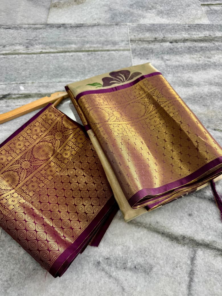 Banarasi Zari Tissue Silk Saree with Kanchi Border & Hand-Painted floral - BZTCBR1