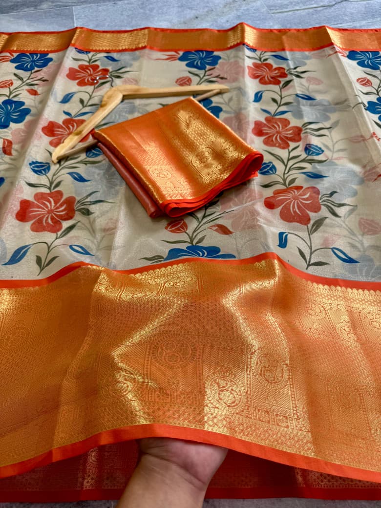 Banarasi Zari Tissue Silk Saree with Kanchi Border & Hand-Painted floral - BZTCO1