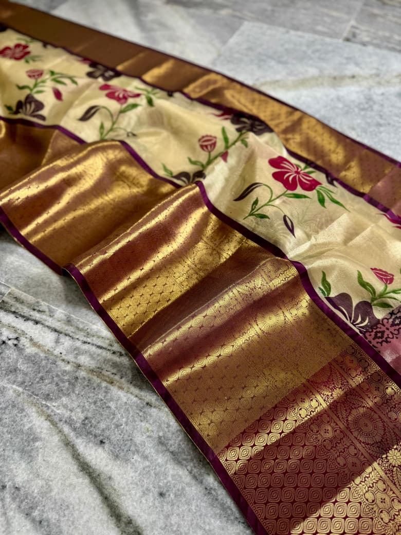 Banarasi Zari Tissue Silk Saree with Kanchi Border & Hand-Painted floral - BZTCBR1