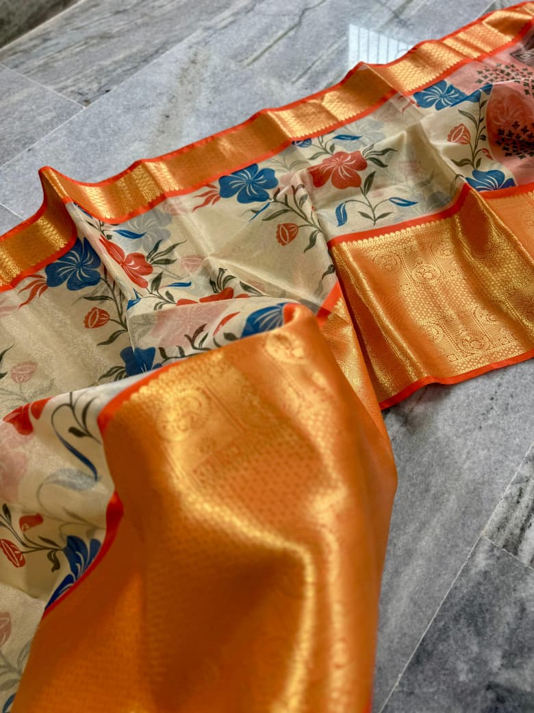 Banarasi Zari Tissue Silk Saree with Kanchi Border & Hand-Painted floral - BZTCO1