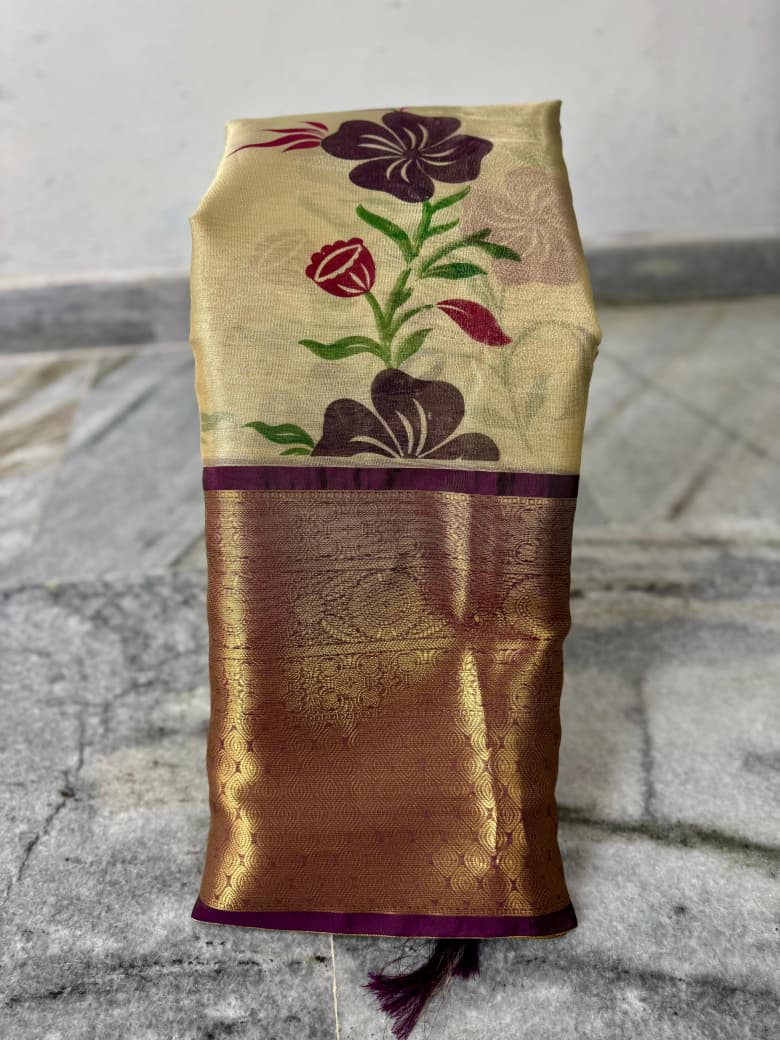 Banarasi Zari Tissue Silk Saree with Kanchi Border & Hand-Painted floral - BZTCBR1