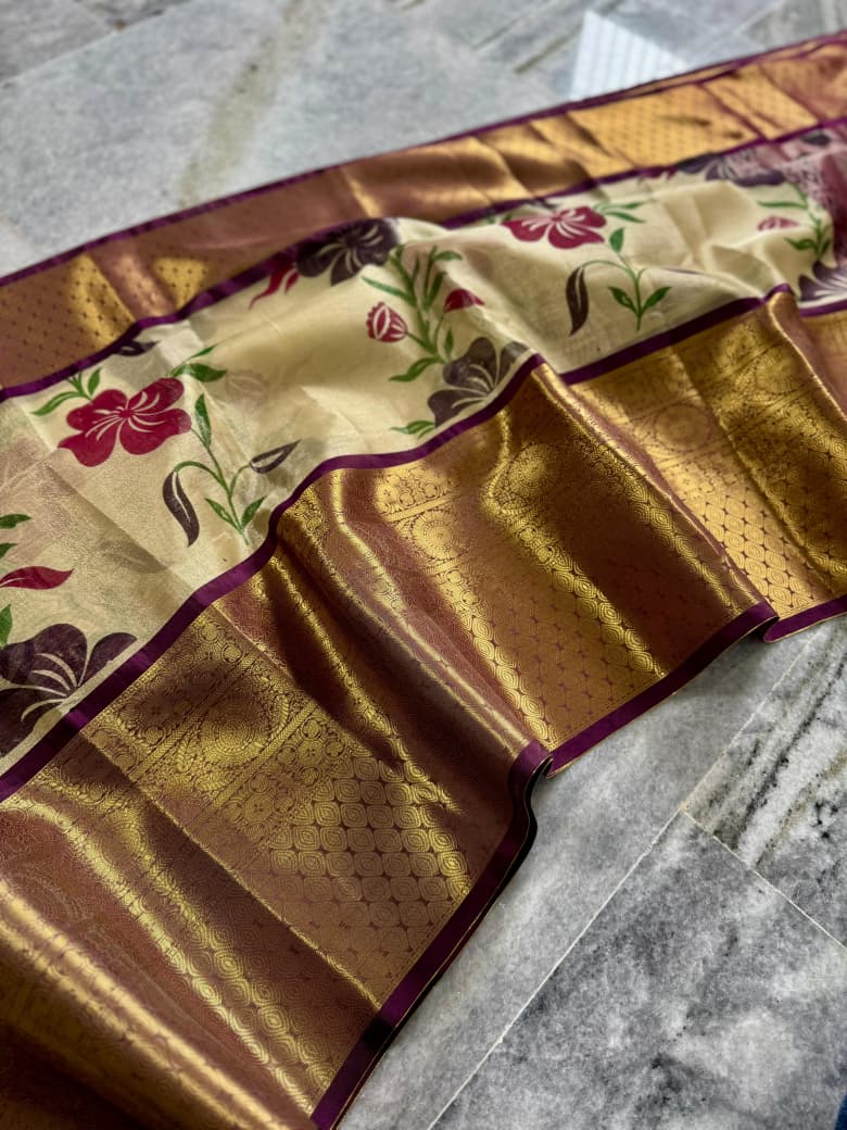 Banarasi Zari Tissue Silk Saree with Kanchi Border & Hand-Painted floral - BZTCBR1