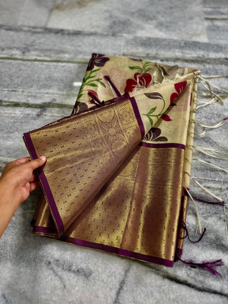 Banarasi Zari Tissue Silk Saree with Kanchi Border & Hand-Painted floral - BZTCBR1