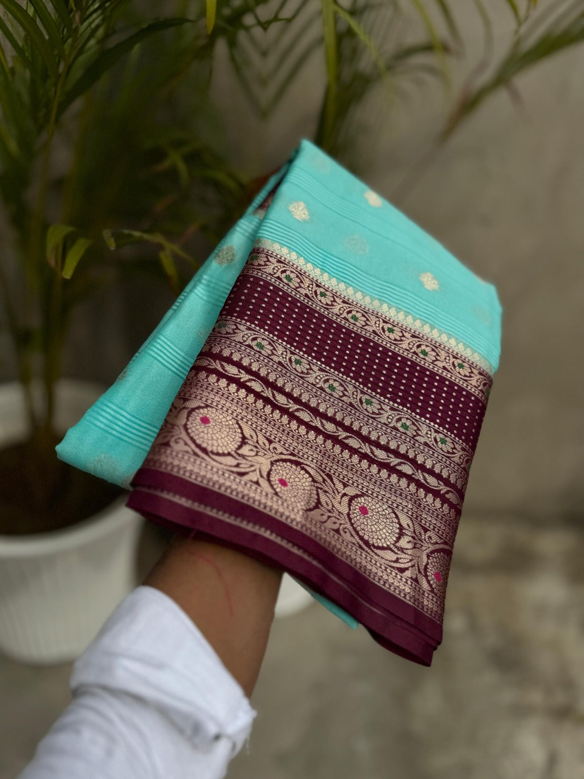 Banarasi Crepe Georgette Silk Saree with Contrast Butta Border - ABCG002