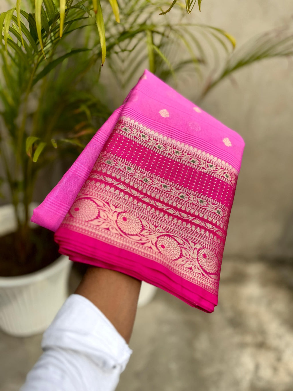 Banarasi Crepe Georgette Silk Saree with Contrast Butta Border - ABCG003