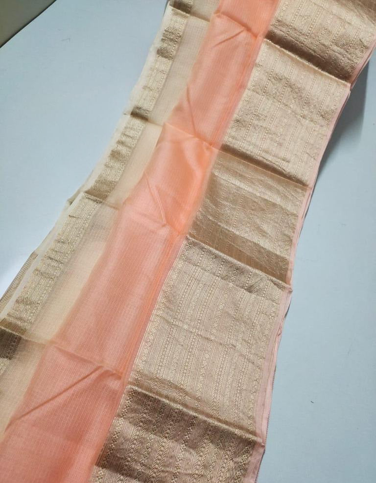 Banarasi Handloom Kota Check Silk Saree with Rose Gold Zari - AHKC017