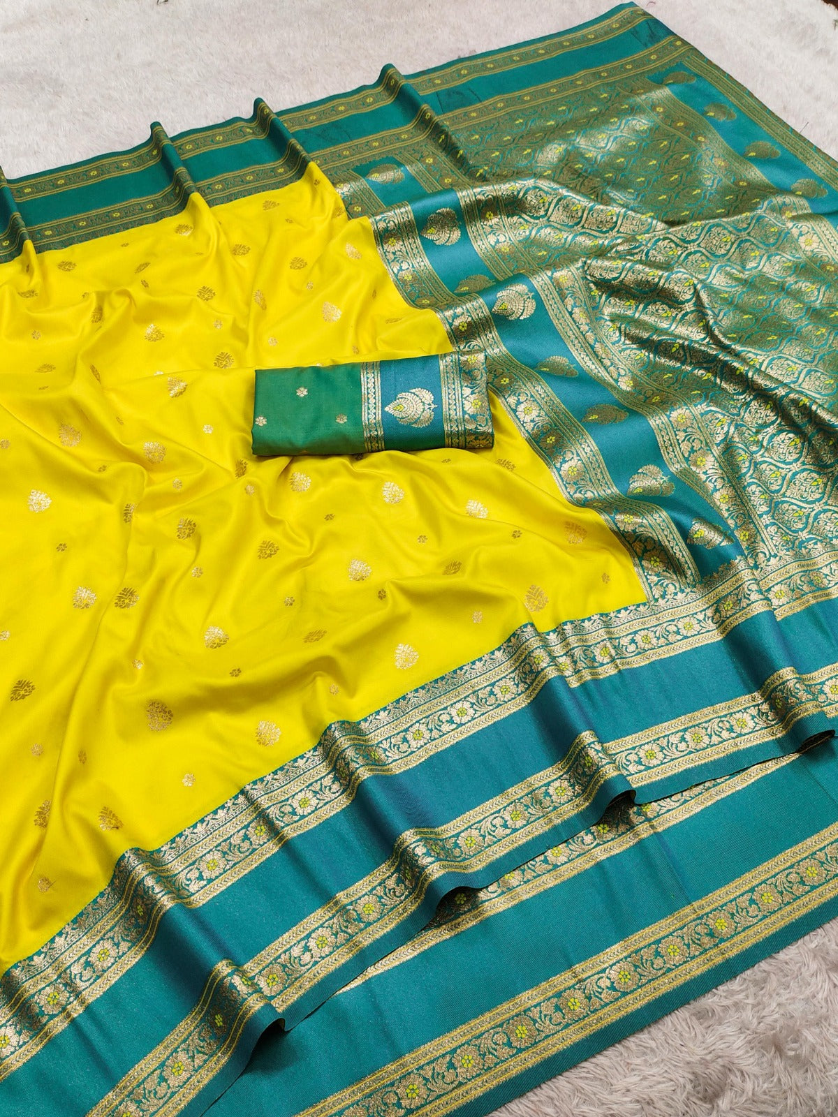 Banarasi Silk Saree with Gold Zari Butta & Heavy Paisley Pallu - BHPYB01