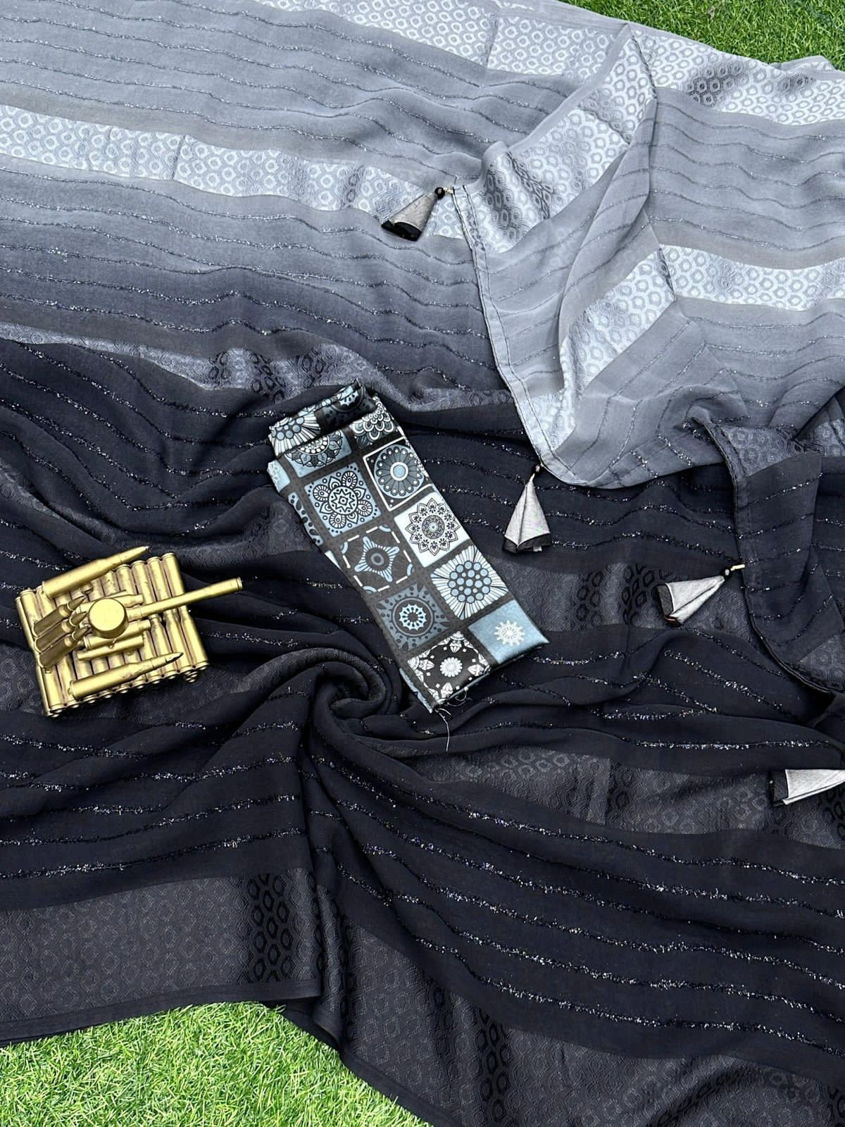 Georgette Fur Saree with Shaded Stripes & Ajrakh Digital Print Blouse - AGFSBG1