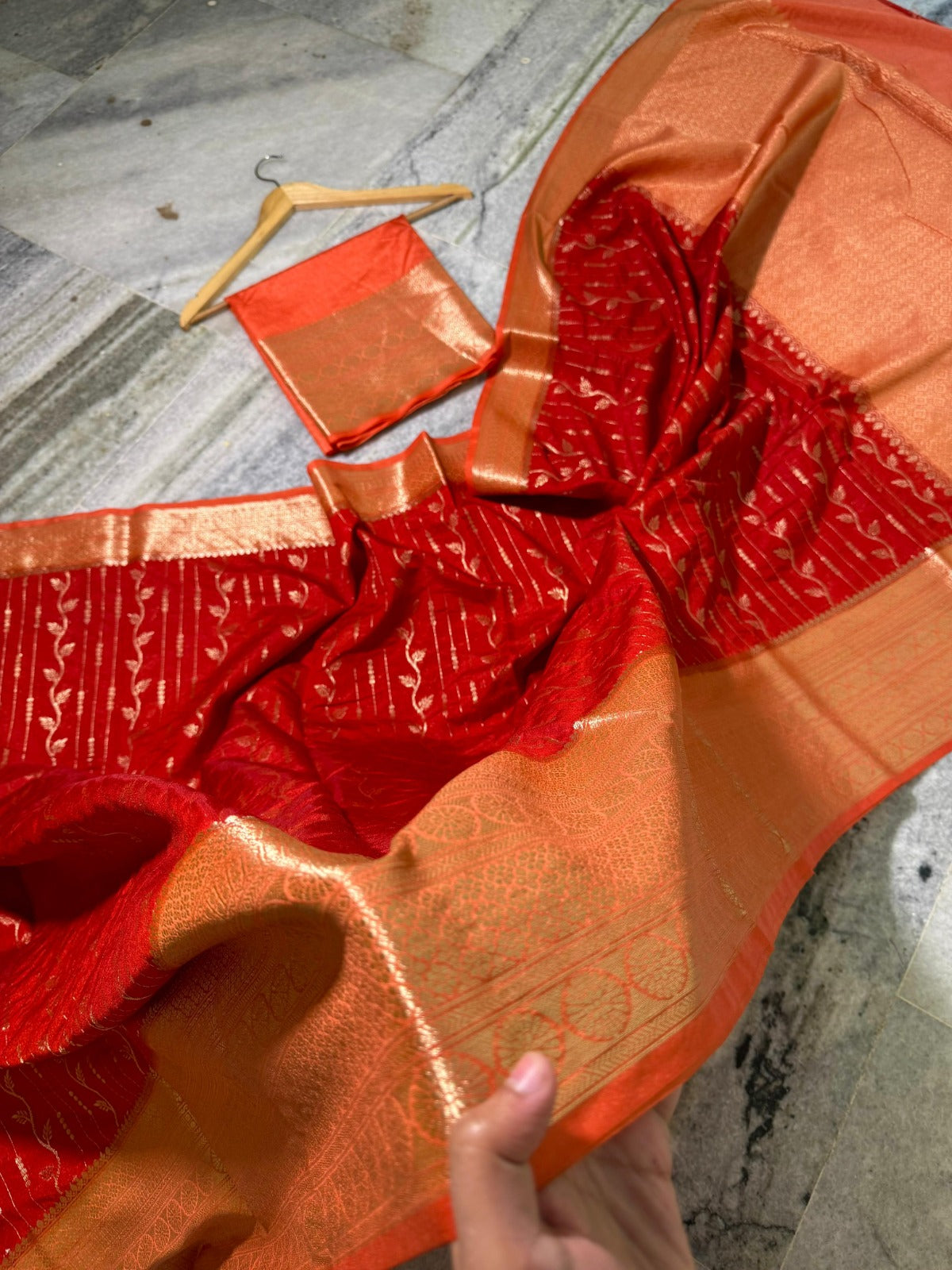 Banarasi Semi-Chiffon Silk Saree Gold Zari Ada Weaving - BSCRO2