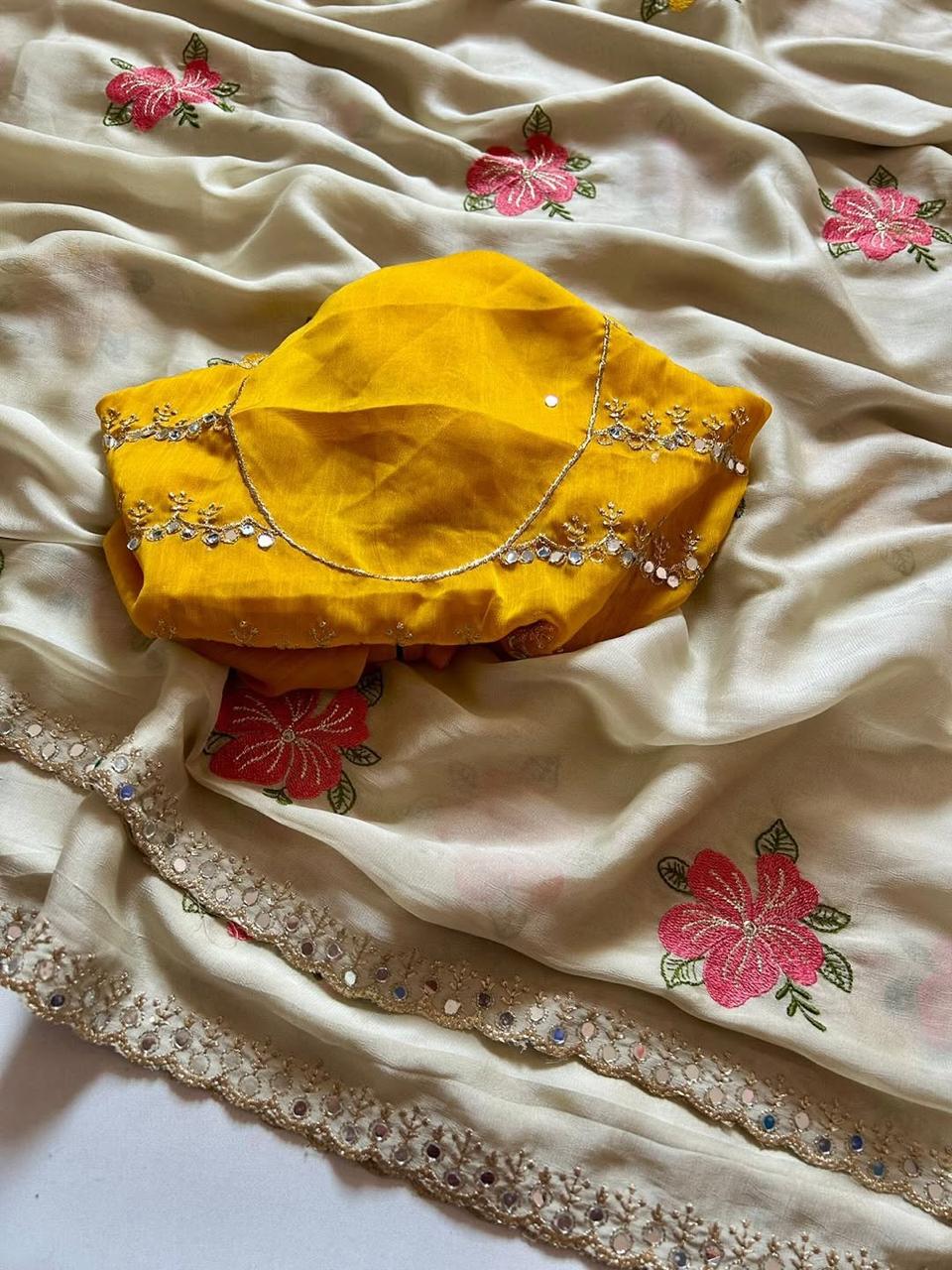 Chiffon Saree with All-Over Mirror Embroidery - ACHBY01