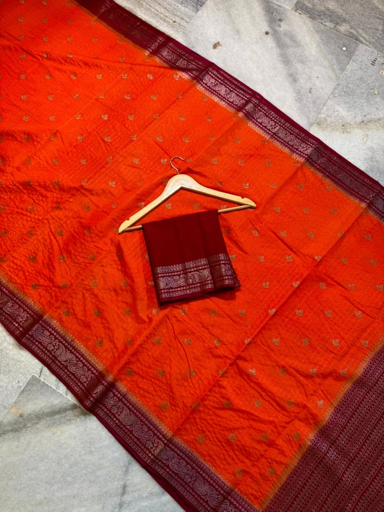 Banarasi Semi Chinya Silk Saree with Gold Zari Buti - BSCOP01