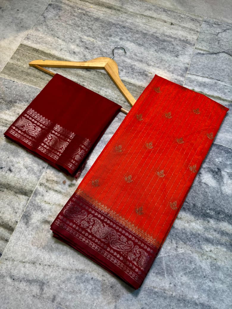 Banarasi Semi Chinya Silk Saree with Gold Zari Buti - BSCOP01