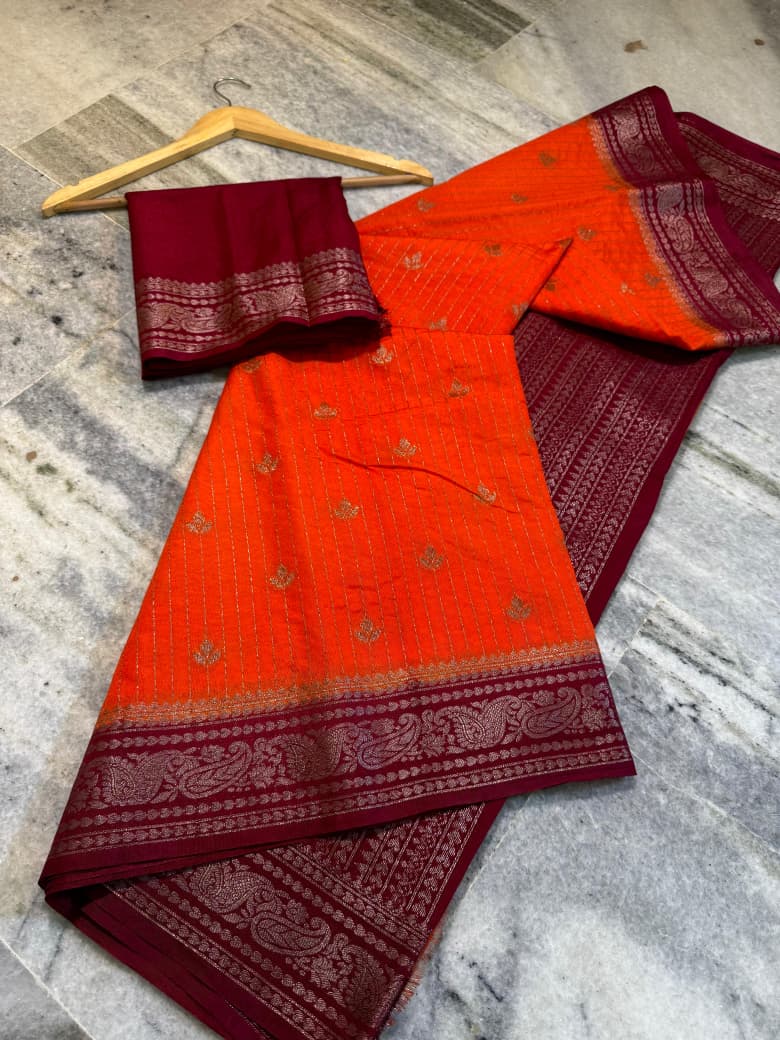 Banarasi Semi Chinya Silk Saree with Gold Zari Buti - BSCOP01