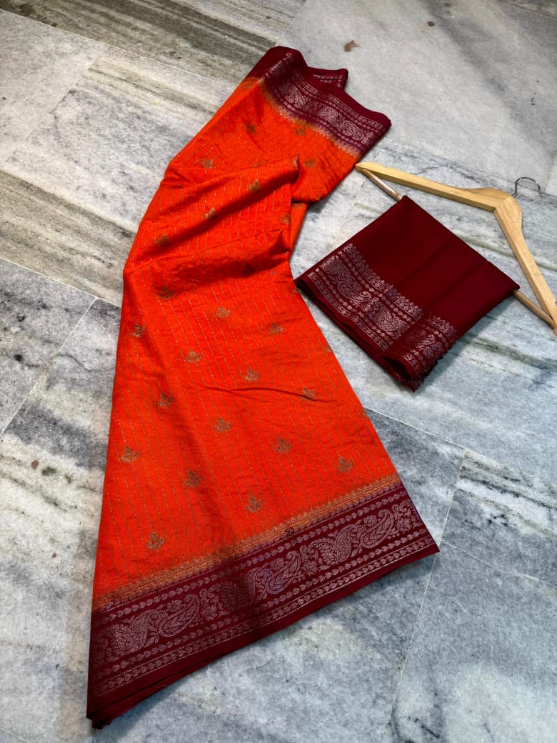 Banarasi Semi Chinya Silk Saree with Gold Zari Buti - BSCOP01