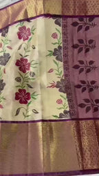 Banarasi Zari Tissue Silk Saree with Kanchi Border & Hand-Painted floral - BZTCBR1
