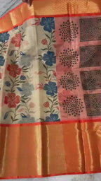 Banarasi Zari Tissue Silk Saree with Kanchi Border & Hand-Painted floral - BZTCO1